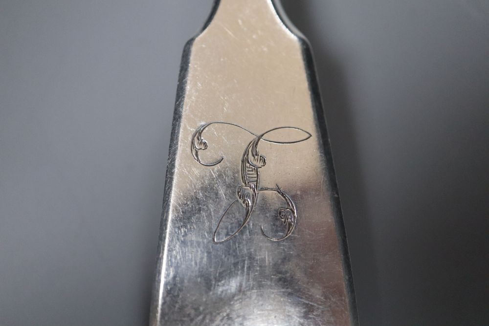 A set of three George III silver tablespoons, maker (probably) Thomas Dicks, London 1820 and a pair of George II silver sugar nips,